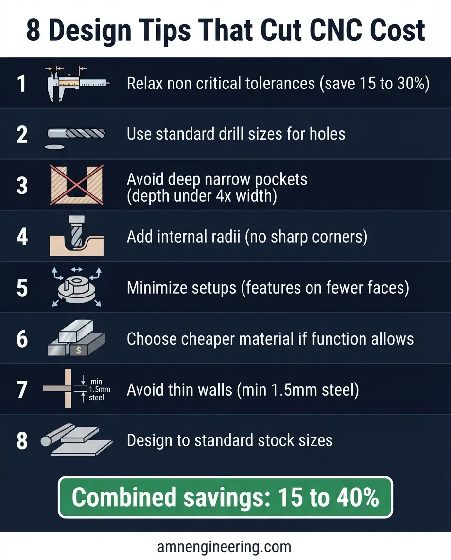 Infographic summarizing 8 design tips that reduce CNC machining cost including tolerances, standard tools, pocket depth, radii, setups, material, wall thickness, and stock sizes